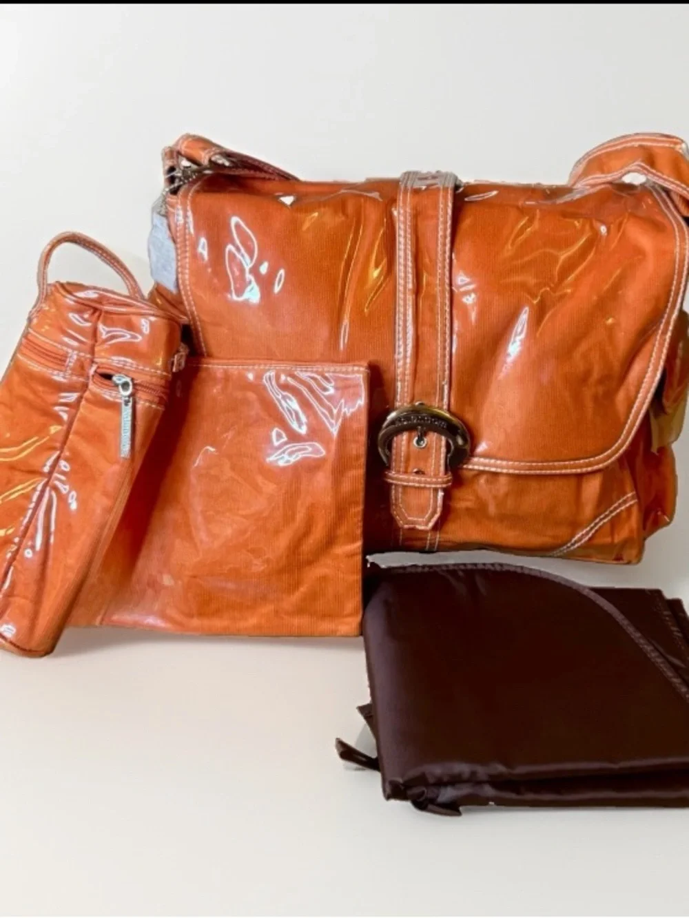 NWT Kalencom Patent 70s Baby Bag Set w Pad Insulated Bottle Holder Zip Bag